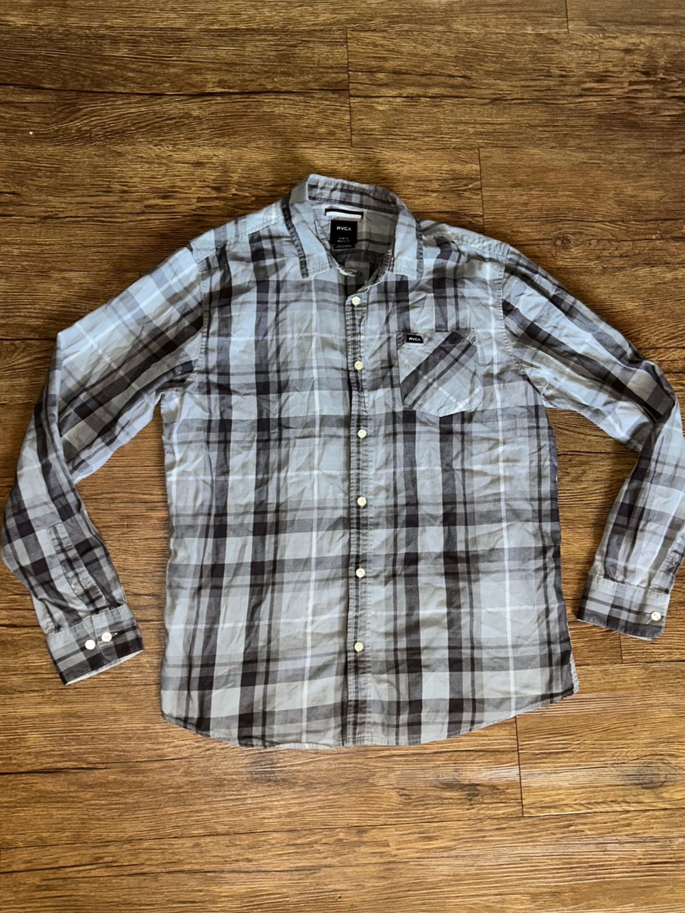 RVCA Men’s Light Gray and Dark Gray Plaid Button-Down Shirt